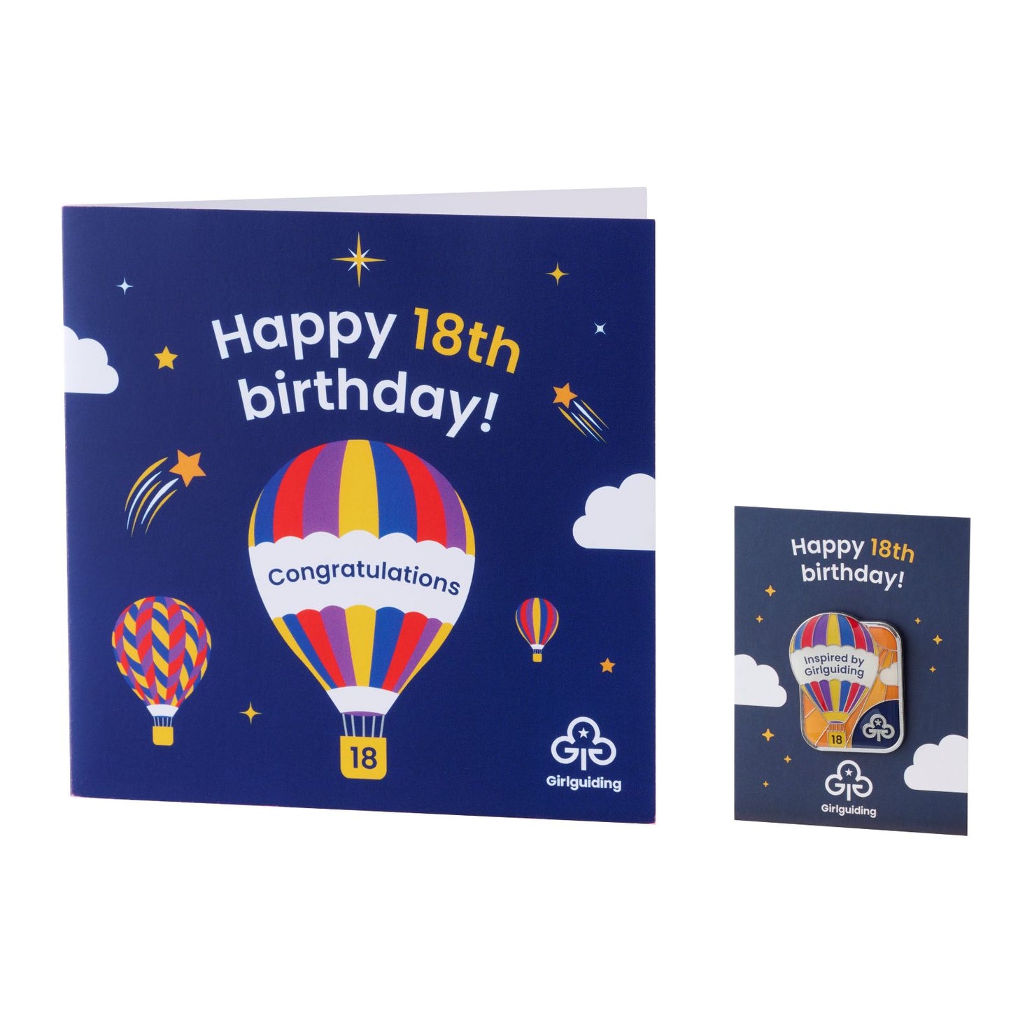 Happy 18th birthday badge and greeting card