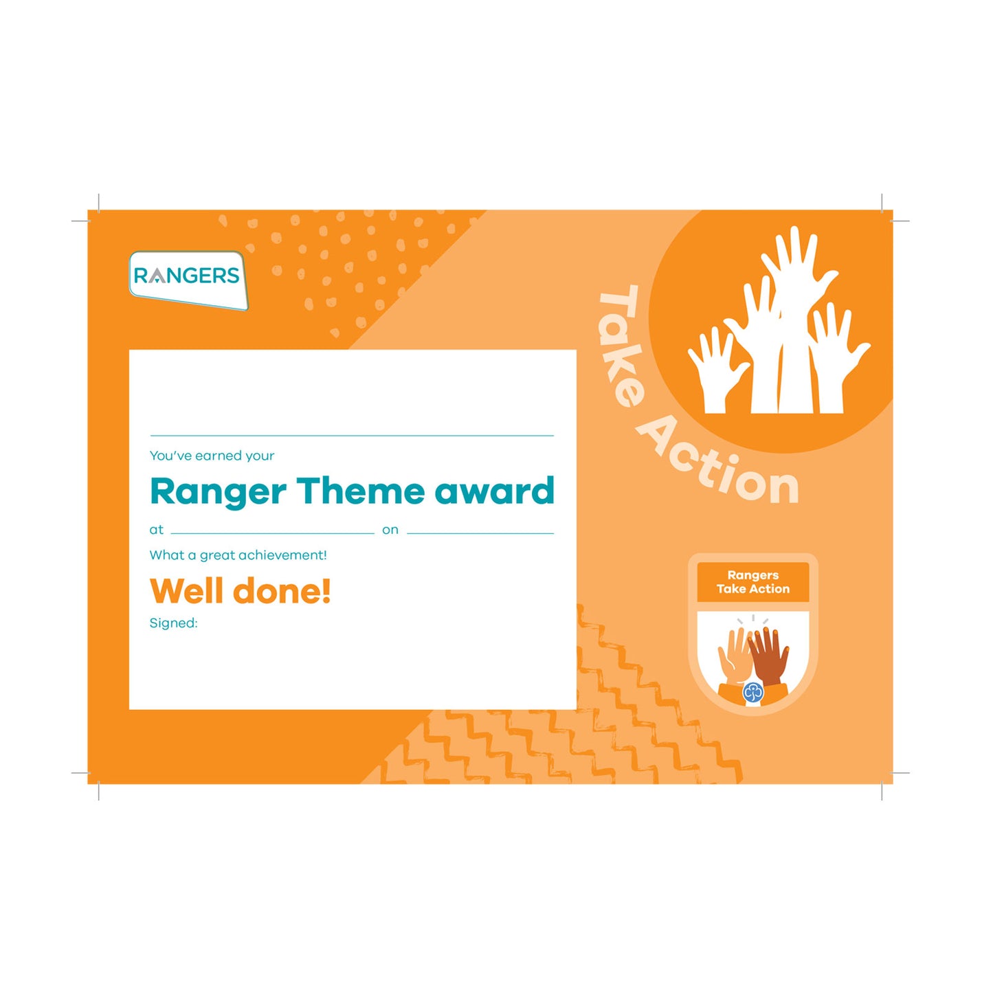Theme Award - Rangers Take Action Certificate