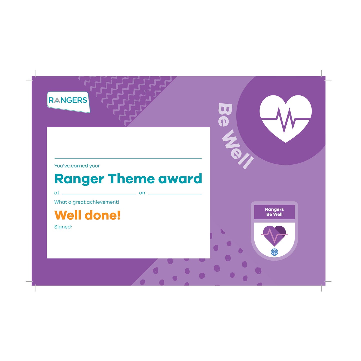 Theme Award - Rangers Be Well Certificate